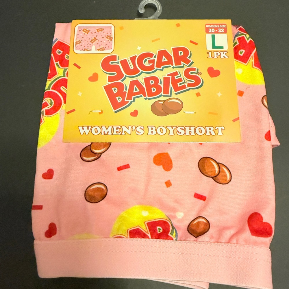 Sugar Babies Boyshort Underwear Women L 30-32 NWT Pink Candy Graphic Novelty